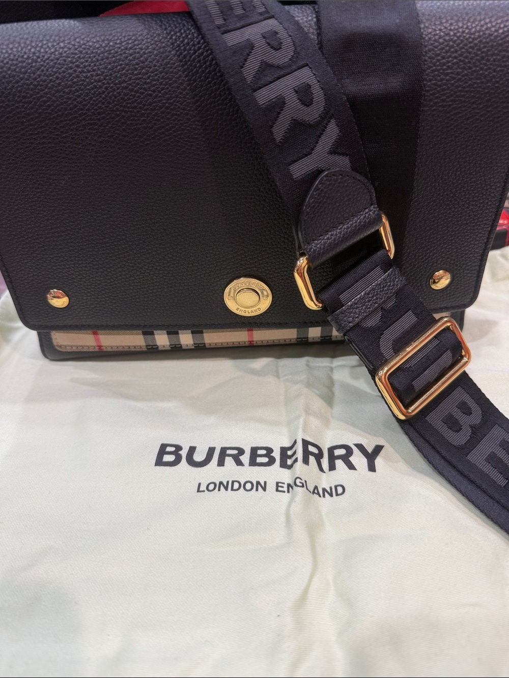 Authentic Burberry Black Leather Messenger Bag with Branded Strap